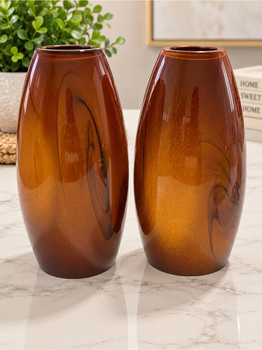 Amber Glass Decorative Vase - Set of 2